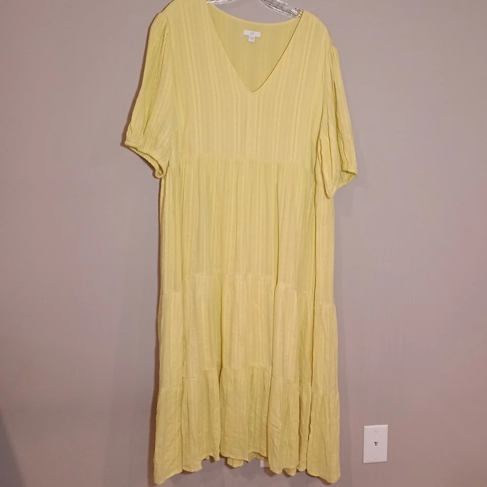 J. Jill Women's Jacquard V-Neck Tiered Midi Dress Size XL Yellow - Picture 2 of 7
